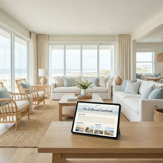 Vacation rental living room with a digital guestbook
