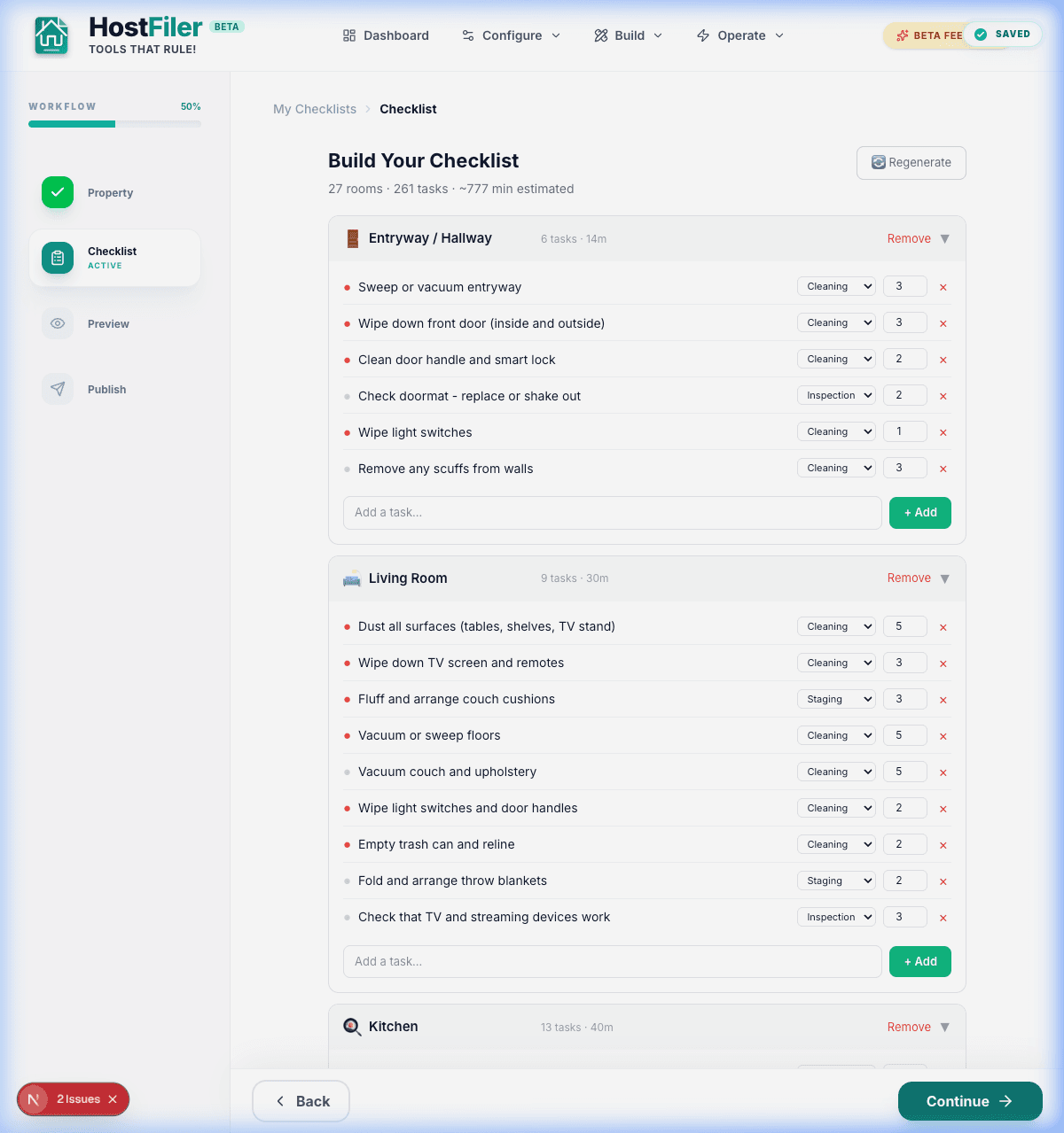The Cleaning Checklist Builder room-by-room configuration wizard