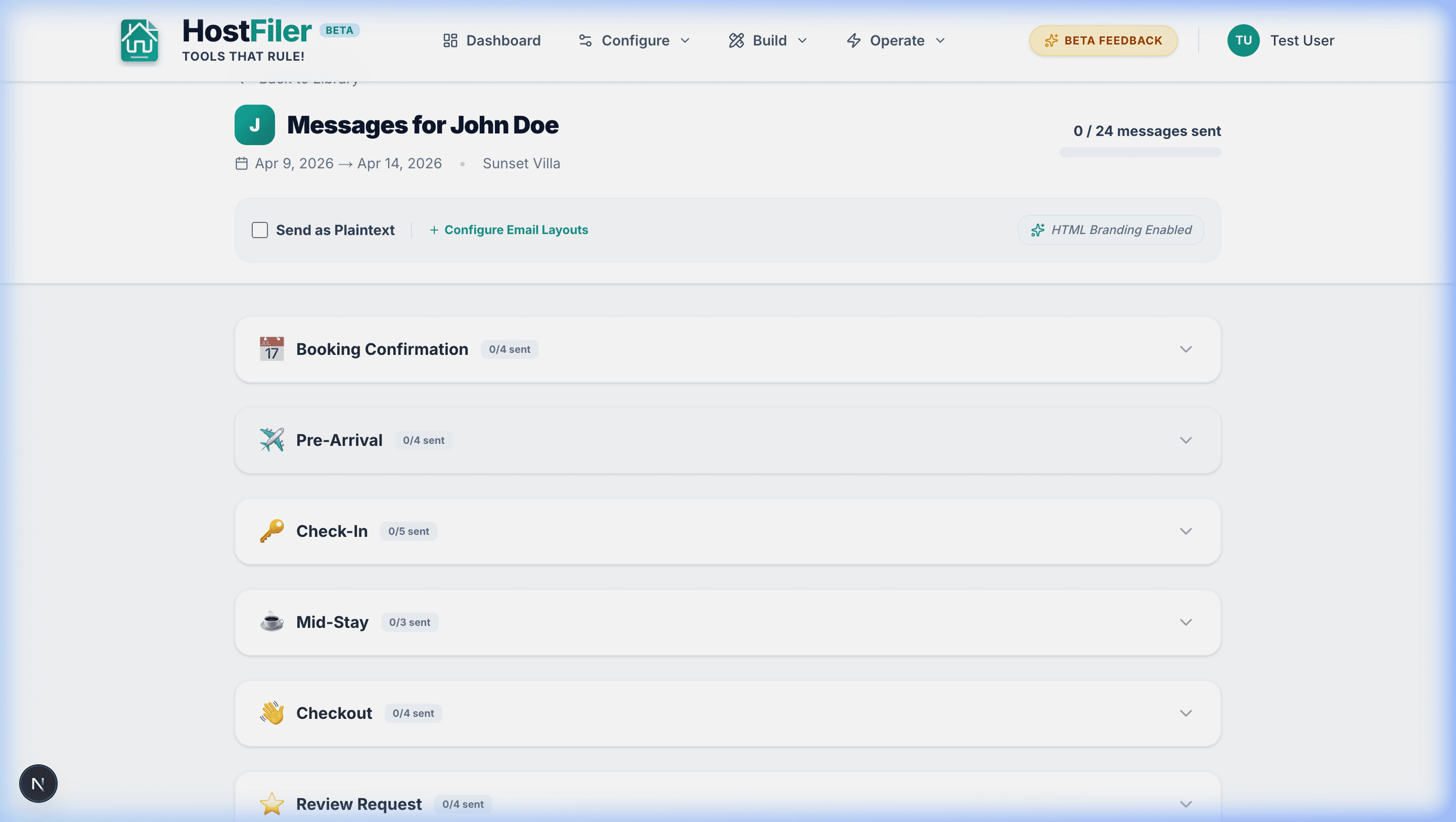 Personalized message dashboards with send tracking for every booking