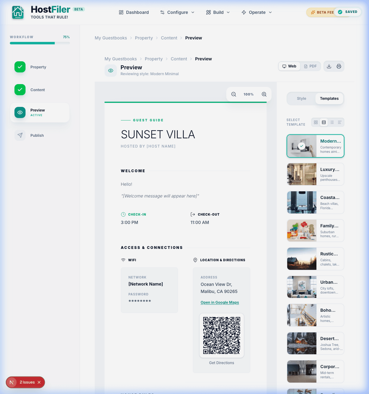 The Guestbook Builder template selection showing 4 professional templates