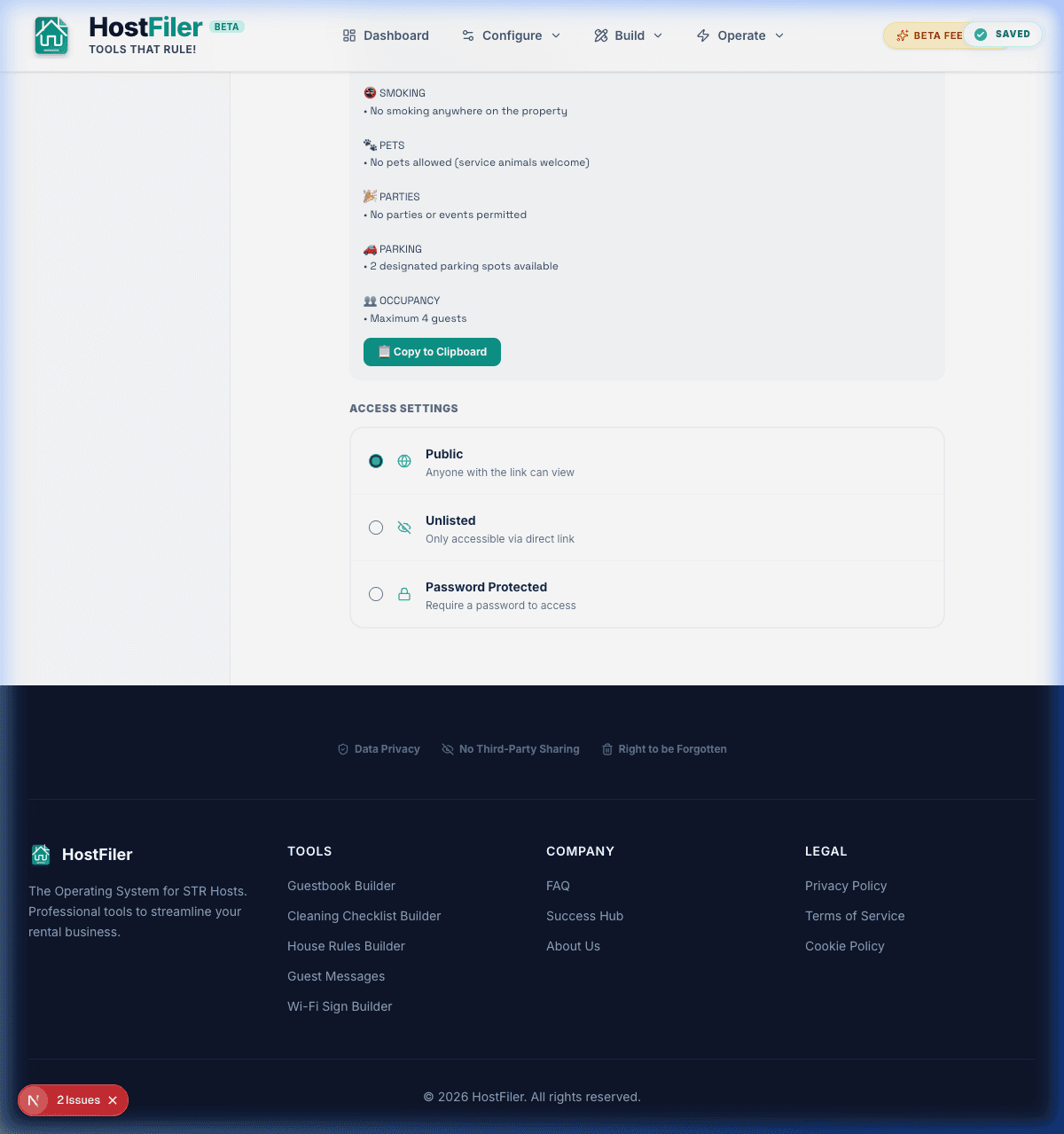 Publish step showing shareable link, QR code, and access settings